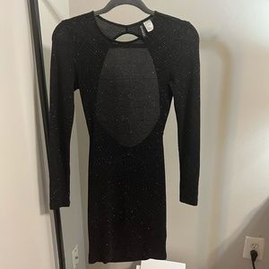 H&M black shimmer, long sleeve, sheer mini dress w/ key hole back